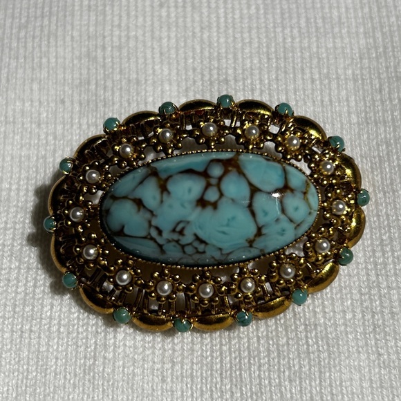 Lot of 4 Brooches, Shells, Cobochan Art Glass, Rhinestones - Picture 2 of 12